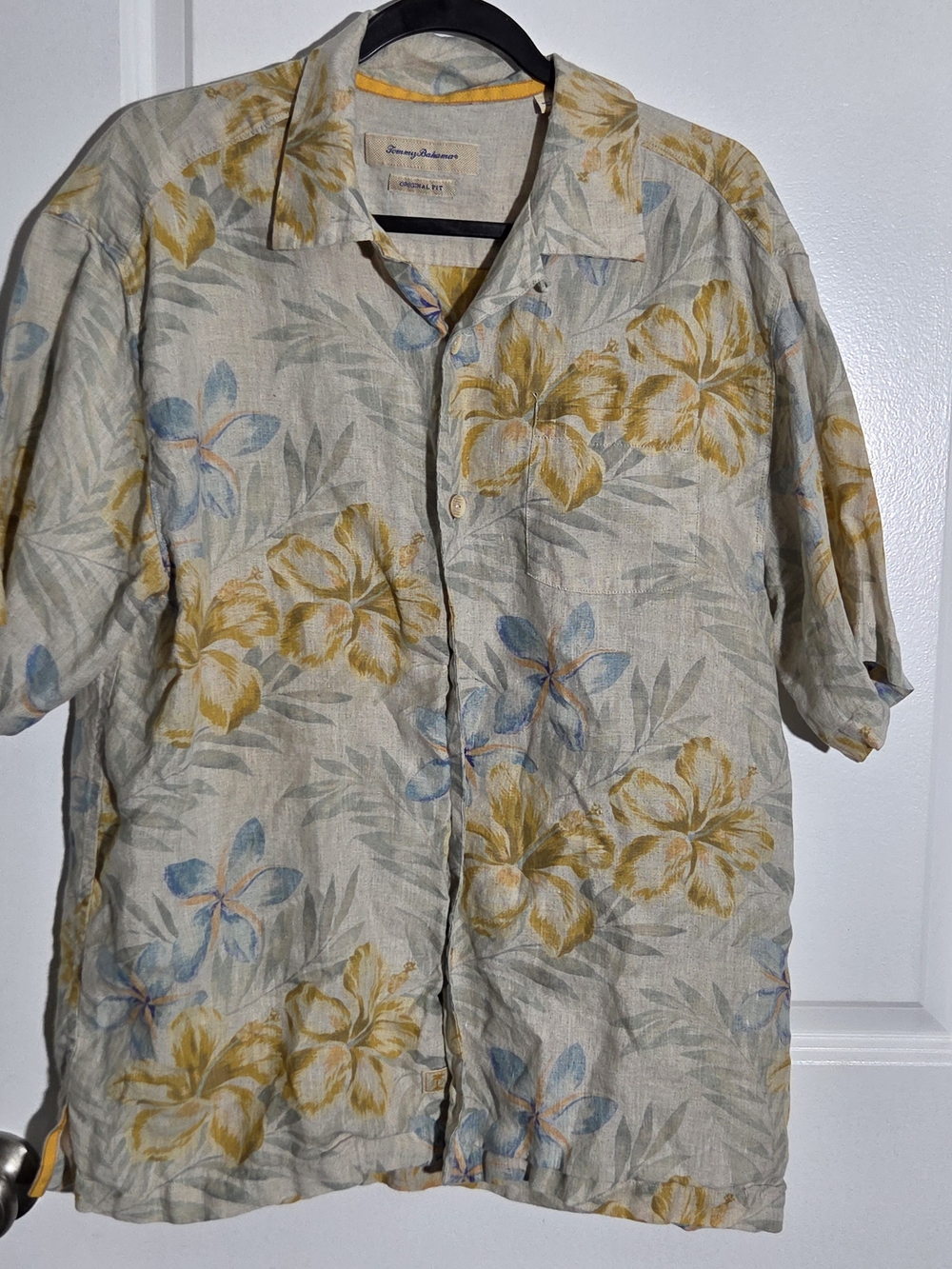 Tommy Bahama Hawaiian Shirt Men Size Large Yellow Floral Silk Linen Short Sleeve